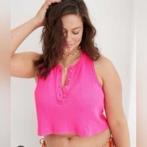 AERIE Women’s Pink Sleeveless Waffle Sunspun Henley Cropped Tank Top Size Medium - Picture 1 of 6